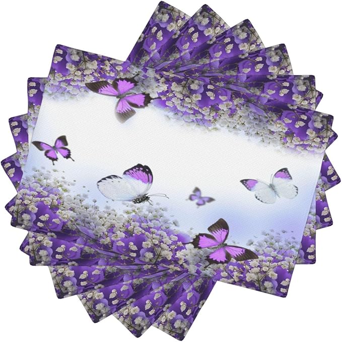 Purple Butterfly Flowers Placemats Set of 6,Spring Summer Flower Place Mats Washable for Kitchen Dining Table Heat Resistant Decorative Colth Table Mats 6 PCS, Style-1
