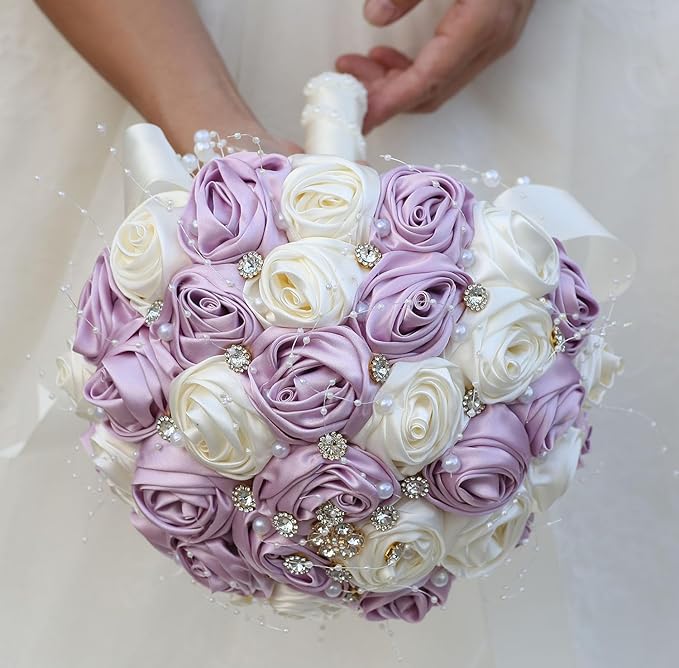 Bridal Wedding Bouquet Round Bling Brooch Bouquet Throw Toss Artificial Rose Flower Bunch for Bride Bridesmaid Wedding Quinceanera(Light Taro Purple & Ivory, 6.3")