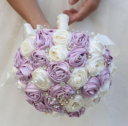 Bridal Wedding Bouquet Round Bling Brooch Bouquet Throw Toss Artificial Rose Flower Bunch for Bride Bridesmaid Wedding Quinceanera(Light Taro Purple & Ivory, 8.7")
