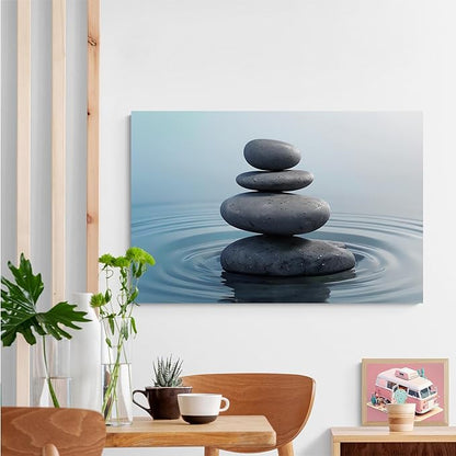 Zen wall art Harmonious grey stones stacked on a calm surface of water Serene Zen decor suitable for tranquil homes and spaces of meditation 28x40in Wood Framed