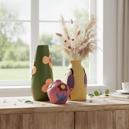 Vintage Ceramic Vase, Minimalist Texture Stone Patterned White Flower Vase, Decorative Vase for Living Room Shelf Farmhouse Dining Table Centerpiece Decor (Colorful Rustic-3 Pack)