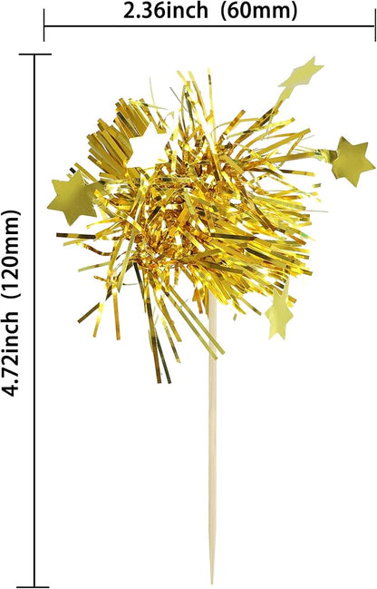 Gyufise 30Pcs Star Foil Firework Cupcake Toppers Sparkle Tinsel Cake Toppers Tinsel Drink Cake Decoration Cocktail Picks for Birthday Wedding Graduation Party Supplies Gold