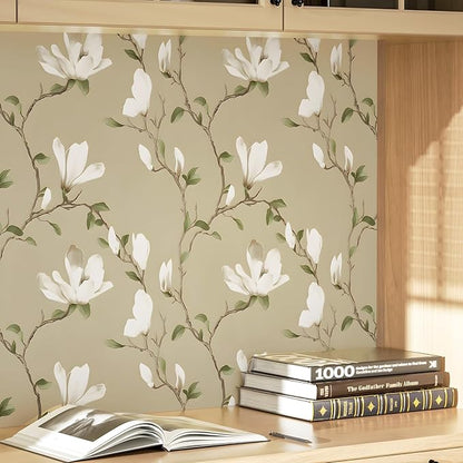 Floral Wallpaper Peel and Stick 17.5in x 32.8ft Vintage Leaf Contact Paper Khaki Magnolia Branches Flower Vinyl Self Adhesive Waterproof Leaf Wall Paper for Bathroom Bedroom Walls Furniture Decor
