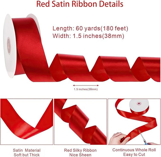 Red Ribbon 60 Yards 1-1/2 Inch Christmas Ribbon Red Satin Ribbons for Gift Wrapping Handmade Roses Wall Dorm Decor Bows Crafts Flower Bouquet Christmas Wedding Party