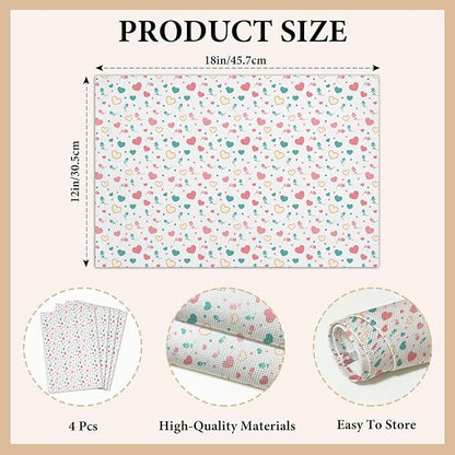 Cotton Linen Waterproof Placemats Set of 4, Pink Love Hearts Dining Mat Table Mats Decor Fabric for Kitchen Dinner Coffee Shop Table, Indoor/Outdoor Washable Wipeable Placemat -N032