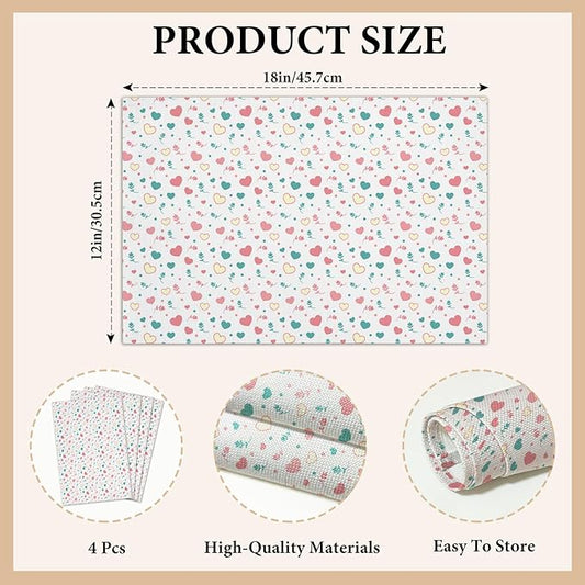 Cotton Linen Waterproof Placemats Set of 4, Pink Love Hearts Dining Mat Table Mats Decor Fabric for Kitchen Dinner Coffee Shop Table, Indoor/Outdoor Washable Wipeable Placemat -N032