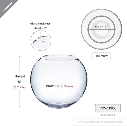 WGV Bowl Glass Vase Bulk, Diameter 6", Height 5", Open Width 4", (Multiple Sizes Choices) Clear Bubble Planter Terrarium Fish Bowl for Wedding Event Home Decor, 12 Pieces (VBW0006)