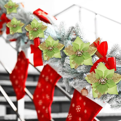Boao 24 Pieces Christmas Artificial Glitter Poinsettia Flowers Xmas Flowers Wedding Christmas Tree New Year Ornaments(Green)