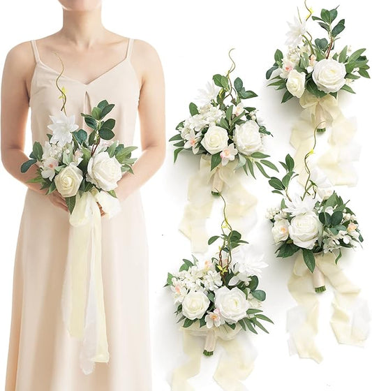 Ling's moment Artificial Flowers White Bridesmaid Bouquet Set of 4, White & Sage Wedding Flowers Bouquets for Bridesmaids, 7 Inch Bridal Bouquets for Bridesmaids, Wedding, Ceremony, Anniversary, etc