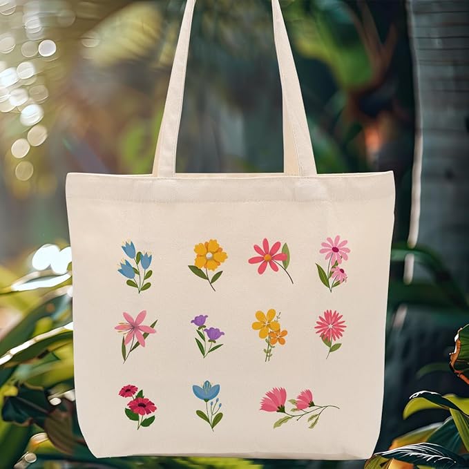 Aesthetic Floral Canvas Tote Bag for Women with Pocket, Tote Bags for Grocery Shopping Travel Christmas Birthday
