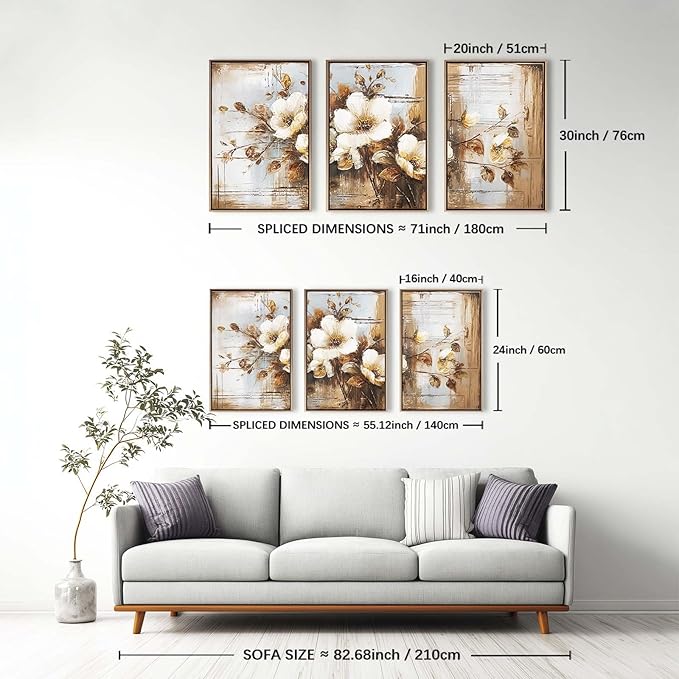 YCJKJDZ Framed Dark Floral Canvas Wall Art Set of 3, Neutral Fall Plant Bohemian Vintage Moody Flower Wall Decor Artwork for Farmhouse Bedroom Living Room Office, 16x24 inches