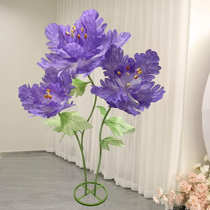 Giant Paper Flowers for Decoration, Big Artificial Flower with Stems and Stands Party Banquet Wedding Reception Stage Photography Props Mall Display Graduation Essential Background Home Decor, Purple