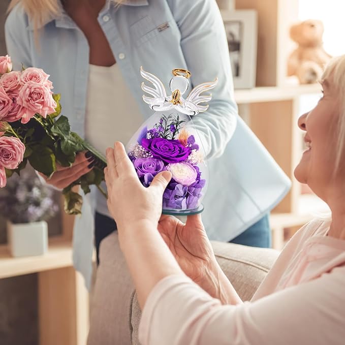 FIACO Gifts for Women Birthday Gifts for Mom Preserved Rose Forever Flower in Glass Angel Figurines Fresh Flowers for Delivery Prime Real Purple Roses for Grandma Sister Wife Her from Daughter