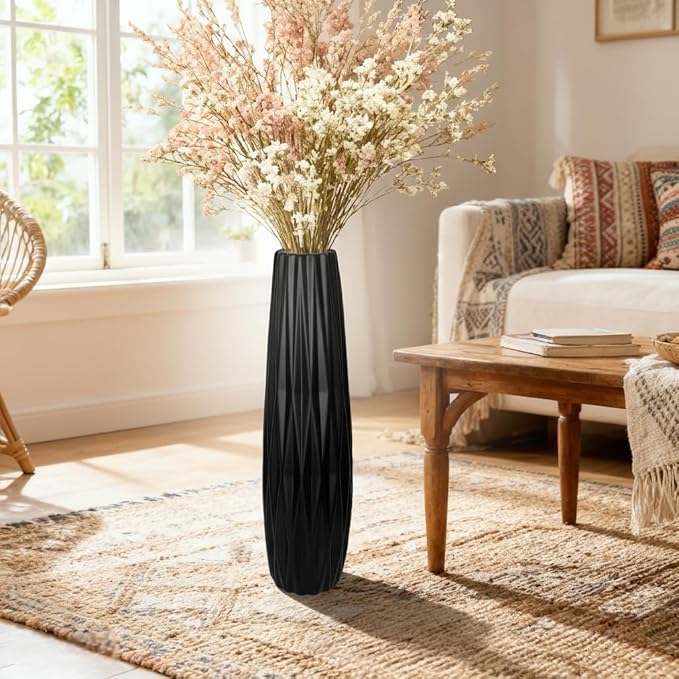 Tall Black Floor Vase – 28" Twisted Geometric Ceramic Vase for Modern Home, Living Room, Table Centerpiece or Corner Decoration