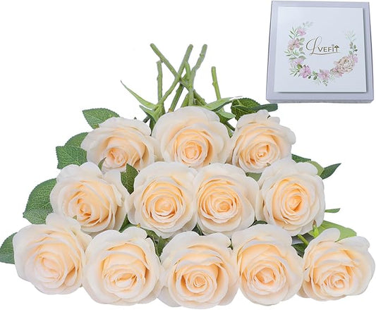 Artificial Rose Flower Artificial Flowers Flower with Long Stem Silk Roses Bouquet for Wedding Bridal Shower Party Home Decoration (Champagne, 12 Pcs)