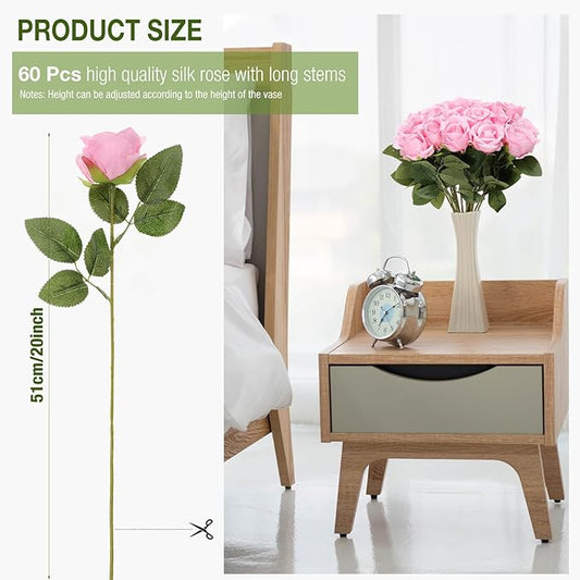 Jexine 60 PCS Artificial Roses Bulk Silk Flowers with Long Stems, Realistic Faux Rose Bouquet for Wedding Centerpieces, Valentine’s Party, Home Decor(Pink)