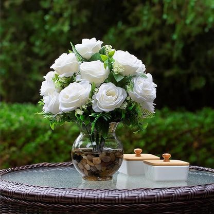 ENOVA FLORAL 18 Heads Silk Rose Artificial Flowers in Vase,Faux Rose Flowers Arrangement in Round Bowl Vase with Faux Water and River Rock for Table Decor Centerpieces (Cream)