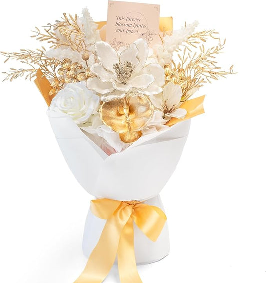 TINGE TIME White Gold Artificial Flowers Bouquet, Platinum Gift Bouquet for Women, Eternal Fake Flower Gift for Christmas Anniversary Birthday Home Décor (White & Gold)