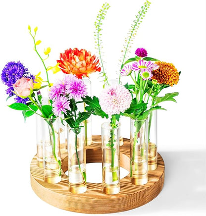Melphoe Glass Bud Vases Small Flower Vase for Centerpieces Wedding Table Decorations, Home Decor, Propagation Station Plant Terrarium with Wooden Stand, Unique Plant Lover Gifts for Women (Brown)