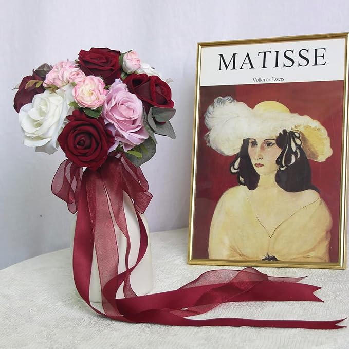 Rinlong 7" Wedding Bouquet for Bride Bridal Bridesmaid Vintage Artificial Flowers Burgundy Silk Bouquet Wedding