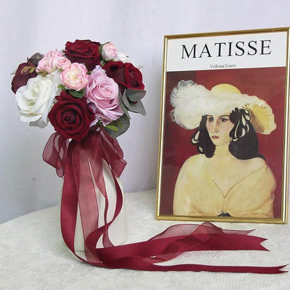 Rinlong 7" Wedding Bouquet for Bride Bridal Bridesmaid Vintage Artificial Flowers Burgundy Silk Bouquet Wedding