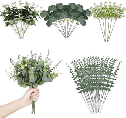 Artificial Eucalyptus Leaves Stems 120 Pcs 4 Kinds Mixed Fake Silver Dollar Eucalyptus Leaves Stem with Dandelion Bulk Faux Leaf for DIY Bouquets Floral Arrangement Wedding Home Decor
