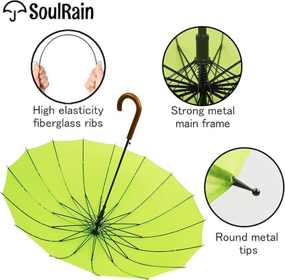 SoulRain 16 Ribs 48" Stick Umbrella Auto Open Solid Color Fashionable and Simple，Arc Classic Wood Handle，Windproof Unbreakable Stick Rain Umbrella