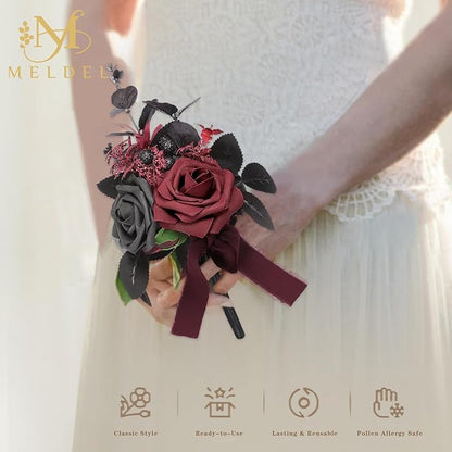 Meldel Wedding Flowers Fake Rose Mini Bridesmaid Bride Bouquets Black Burgundy Set of 6 Small Floral Wedding Centerpieces Decor Artificial Flower Arrangements for Tables Home Party Decorations
