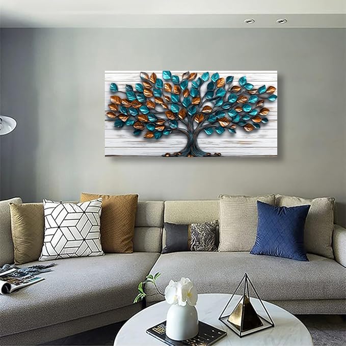 Tree Nature Wall Art Bedroom Abstract Wall Decor Living Room,Tree of Life Canvas Wall Art Office Farmhouse Paintings Artwork Modern Teal Golden Leaves Wall Art Prints Pictures 20 * 40inch