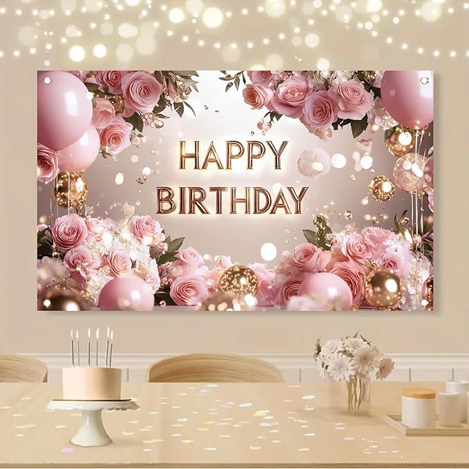 Pink Rose Happy Birthday Backdrop Banner Gold Letters Floral Photography Background Girls Birthday Party Decorations Elegant Party Supplies Photo Booth Props 71x43 Inch