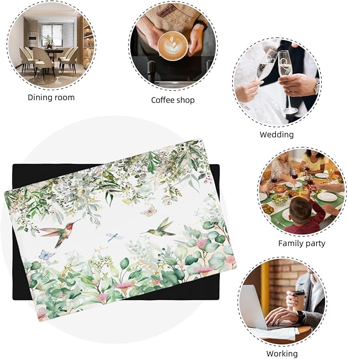 Natural Bird Placemats, Green Spring Watercolour Botanical Flower Butterfly Hummingbird Fly Print Washable Fabric Placemats Table Kitchen Dining Party 12x18 Inch Set of 6