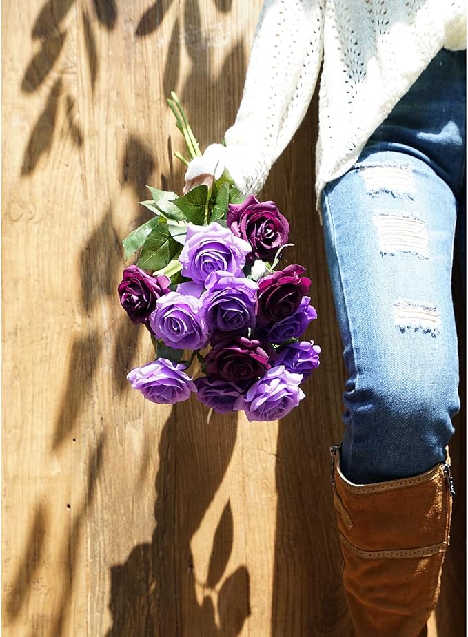 FiveSeasonStuff 12 Stems Artificial Flowers Real Touch Silk Roses for Wedding Decoration Bridal Bouquets Table Centerpieces Party Shower, Packed in Box (Purple Grandeur)