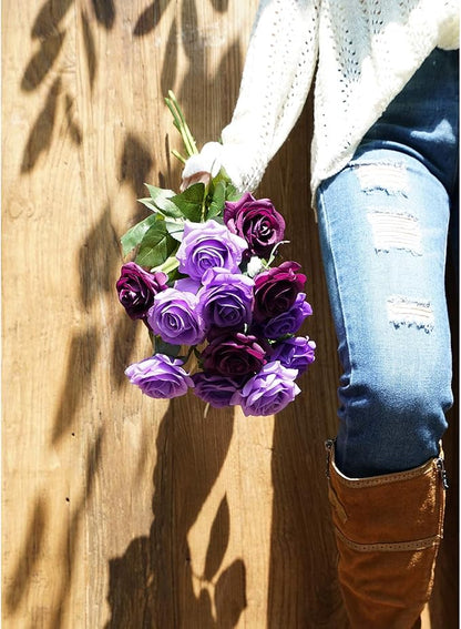 FiveSeasonStuff 12 Stems Artificial Flowers Real Touch Silk Roses for Wedding Decoration Bridal Bouquets Table Centerpieces Party Shower, Packed in Box (Purple Grandeur)