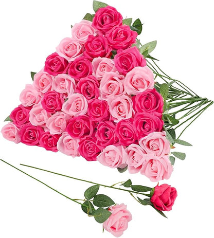 36 Pcs Pink, Hot Pink Artificial Roses with Long Stems, Fake Silk Rose Artificial Flowers Bulk for Bridal Wedding Bouquet Centerpiece Ball Arrangement Party Decor