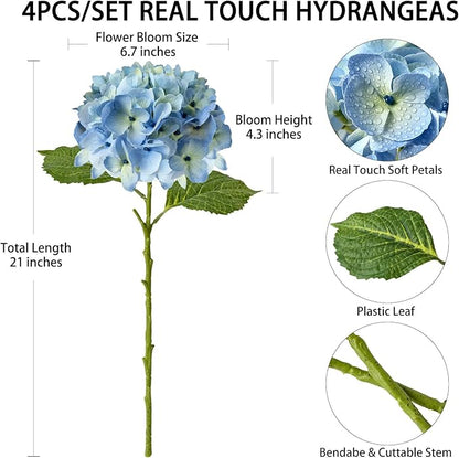 4 Pcs Real Touch Hydrangeas Gradient Blue Artificial Hydrangeas Flowers Real-Looking Faux Latex Hydrangea for Kitchen Living Room Porch Home Decor Baby Shower Party Wedding Table Centerpiece