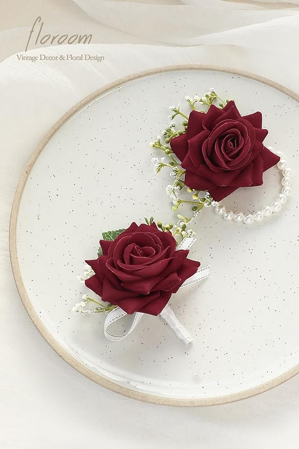 Floroom Burgundy Rose Wrist Corsage Wristlet Band Bracelet and Men Boutonniere Set for Red Wedding Flower Accessories Prom Suit Decorations