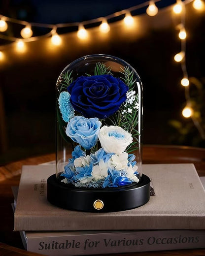 Eternal Roses, Preserved Flowers in Glass Dome, Long Lasting Roses Blue Forever Flowers for Delivery, Valentines Day Mothers Day Anniversary Birthday Gifts for Grandma Women Her Mom Girlfriend Wife