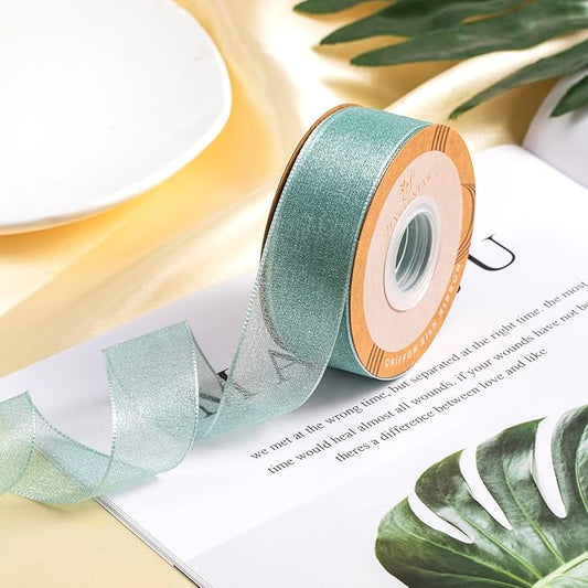 1 Inch Wide Sheer Chiffon Ribbon - Pearl Silk Woven Ribbon Suitable for Gift Wrapping, Wedding Decor, Home Decor, Girl Hair Accessories Handmade DIY (25 Yards/roll) (Light Dark Green)