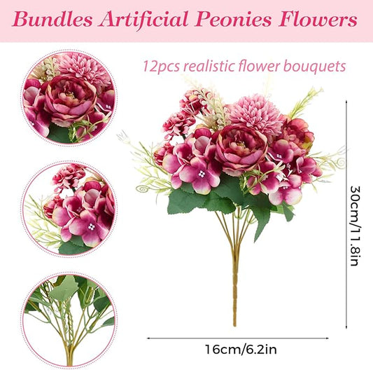 Olgaa 12 Bundles Peonies Artificial Flowers Silk Flowers Fake Peony Bouquet Faux Peonies Flowers Bulk for Wedding Decor Centerpiece Table Decorations (Purple Red)