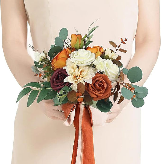 Rinlong 1Pc Fall Wedding Bouquets for Bridesmaids Bride Terracotta Artificial Bridesmaid Bridal Bouquet for Wedding Prom