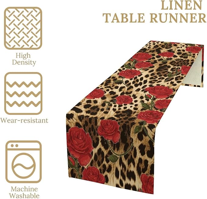Red Rose Leopard Print Table Runner, Romantic Vintage Rose Flower Spring Summer Dinner Runner Table Decoration for Home Kitchen Dining Holiday Wedding Party 13x70in