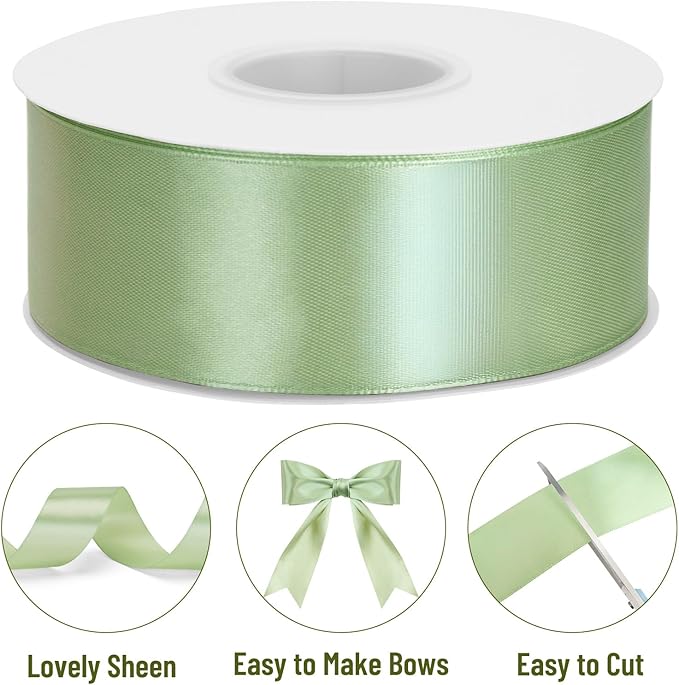 KINGLAKE Sage Green Satin Ribbon – 1 1/2'' x 100 Yards Polyester Sage Ribbon for Gift Wrapping, Light Green Ribbons for Crafts, Wedding Invitations, Baby Shower Decor, Floral Bouquets, Wreath Bows