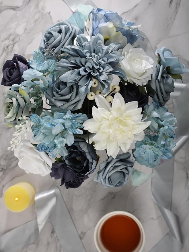 Multi Use Dusty Blue White Artificial Flowers Combo for DIY Centerpieces Arrangements Wedding Bridal Bouquet Table Chair Decor Candle Holder Baby Shower Cake Decor Flower Strips Home Décor