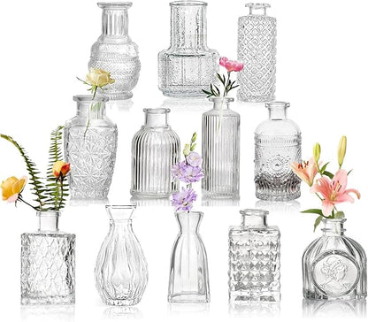 Bud Vases Set of 12 Pcs, Mini Glass Vases for Flowers, Vintage Vase for Centerpieces, Small Flower Vase Design for Wedding Home Flower Party Decor