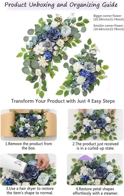 Wedding Welcome Signs Floral(Pack of 2)，Wedding Arch Flowers for Wedding Decorations and Reception Backdrop Decoration (Blue)