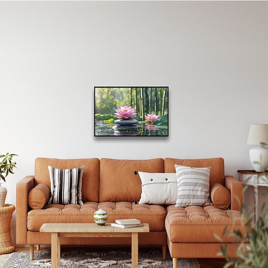 Ethereal pink lotus on obsidian Sunlit bamboo forest with sparkling water drops Poetic nature inspired wall art for tranquil homes and mindful spaces 24x36in Metal blackFramed