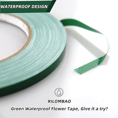2 PCS Green Floral Tape, 0.25" Flower Stem Wrap Tapes, Waterproof Florist Tape - Multipurpose Adhesive Florist Tapes for Binding Fresh, Flower Bouquets and Floral Craft (98Ft/33Yd/Roll)