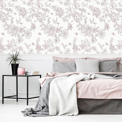 Red and White Floral Peel and Stick Wallpaper 16.9"x196.8" Vintage Floral Contact Paper Peel and Stick Bird Flower Wallpaper Self Adhesive Removable Wall Paper for Cabinets Bathroom Decorative