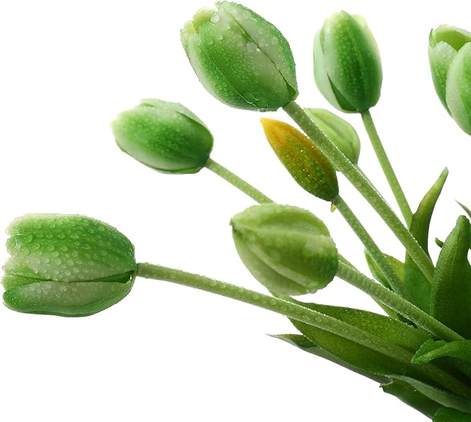 Fake Tulips Artificial Flowers Real Touch Latex Faux Tulips Fake Flowers Bouquet for Table Home Decor Party Wedding Garden Decoration (10pc Green)