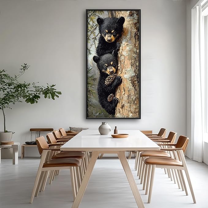 Cabin Bear Large Wall Art Black Bear Cubs Pictures Wall Decor Rustic Forest Animals Lodge Canvas Prints Wildlife Painting Framed Artwork Decoration for Nursery Bedroom Living Room Office 30"x60"